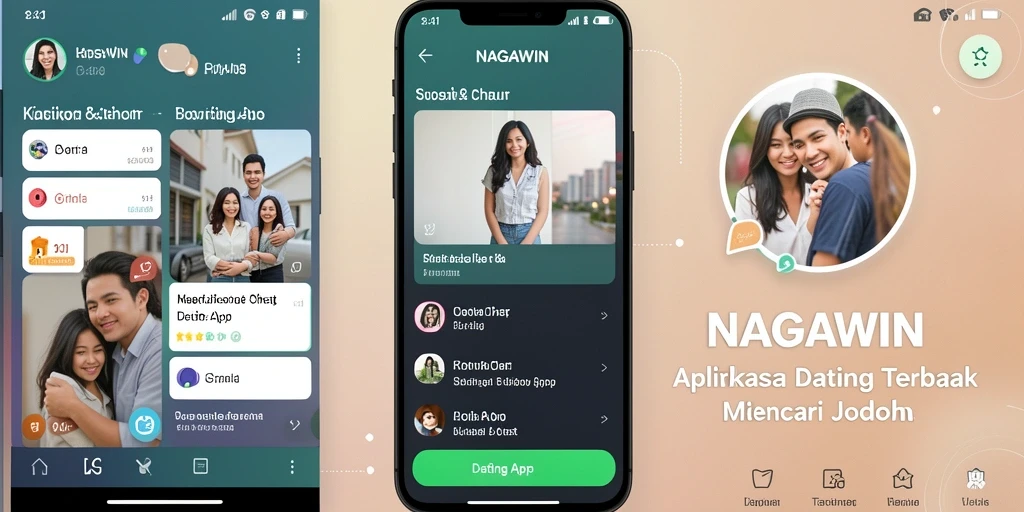 Antarmuka NAGAWIN menampilkan fitur-fitur Dating App yang user-friendly.
